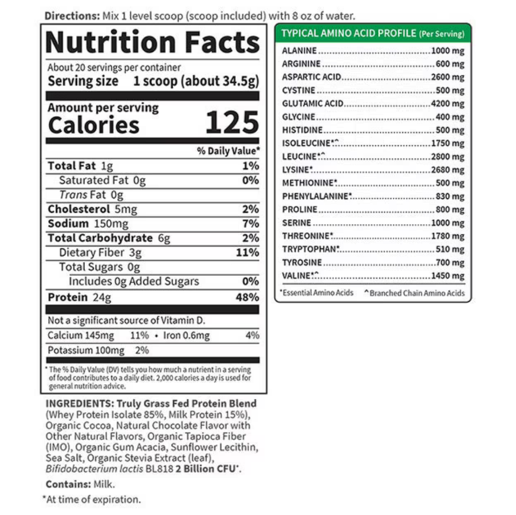 Front-facing nutrition facts label for a protein powder scoop, showing serving size, calories, nutrients, ingredients, and a green typical amino acid profile sidebar on a white background.