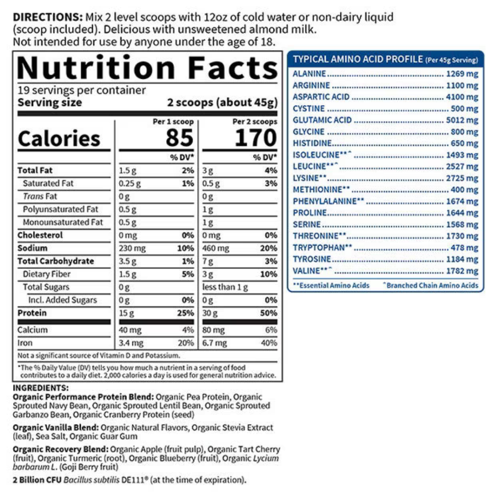 Nutrition label for a protein supplement with detailed nutritional information.
