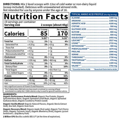 Nutrition label for a protein supplement with detailed nutritional information.