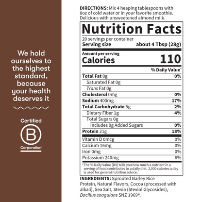 A nutrition facts label panel with a brown background and white text, showing serving size, calories, nutrients, and ingredients. To the left is a brown area with the text 'We hold ourselves to the highest standard, because your health deserves it' and a 'Certified B Corporation' logo.
