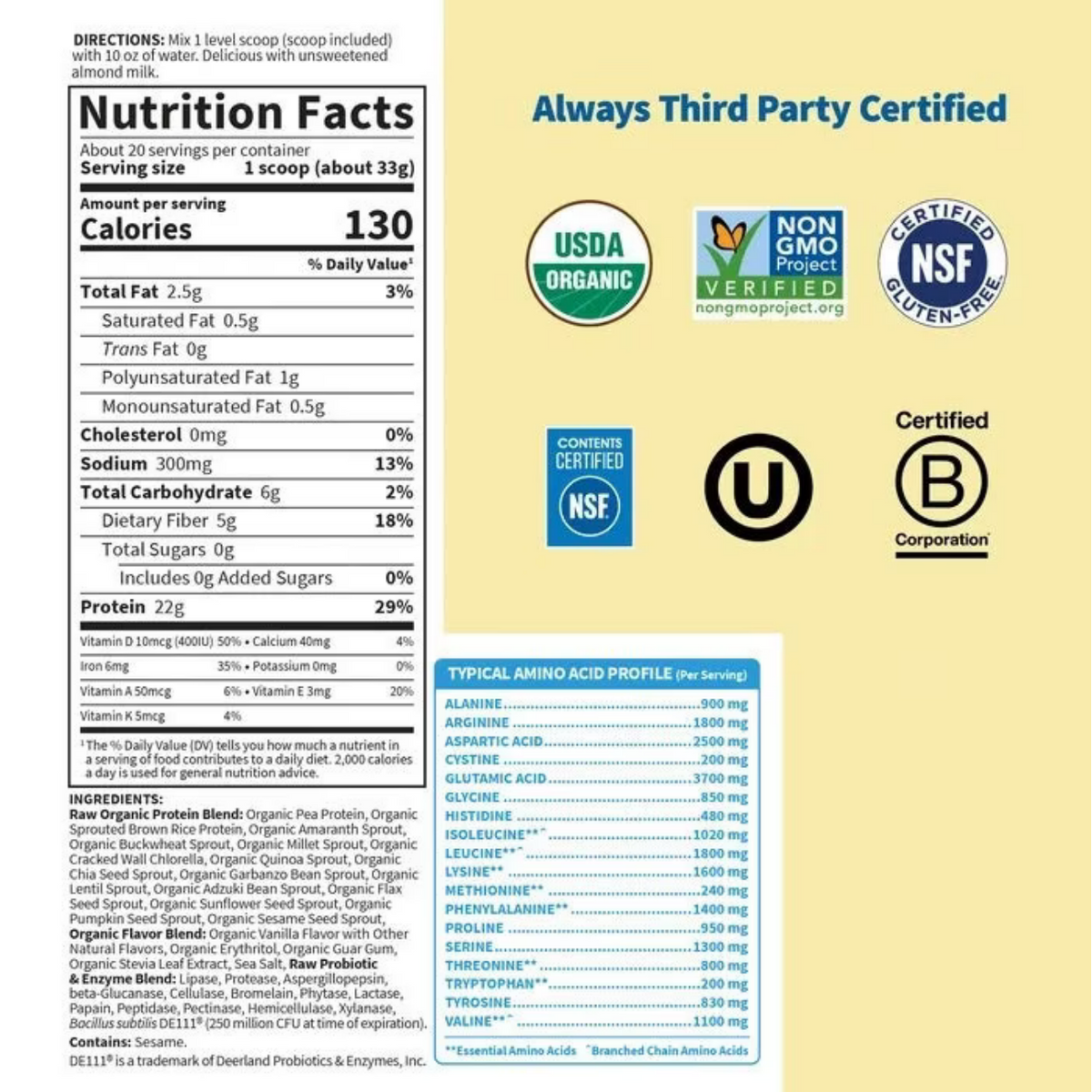 Front nutrition label and certification badges for a protein powder package on a pale yellow background. The label includes a nutrition facts panel, ingredients, a typical amino acid profile table, and logos for USDA Organic, Non-GMO Project Verified, NSF Certified, and B Corporation.