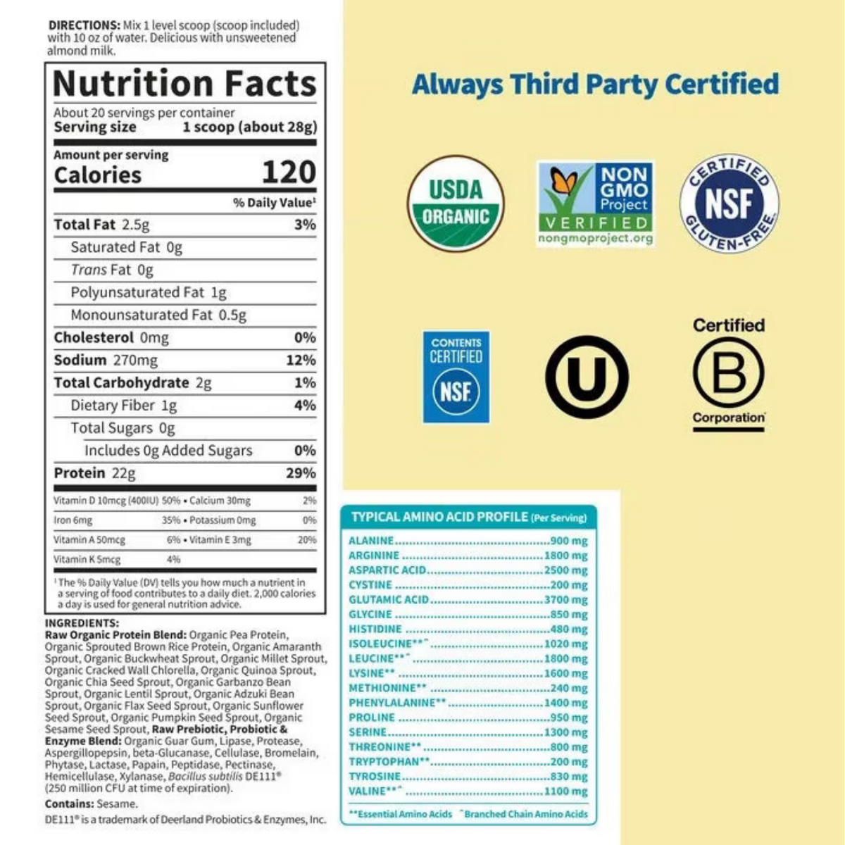 A flat lay of a protein powder package on a pale yellow background, showing the front label with nutrition facts, ingredients, and certification logos including USDA Organic, Non-GMO Verified, NSF Certified, and B Corp.