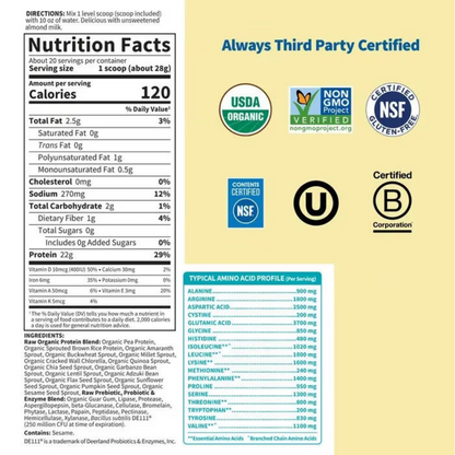 A flat lay of a protein powder package on a pale yellow background, showing the front label with nutrition facts, ingredients, and certification logos including USDA Organic, Non-GMO Verified, NSF Certified, and B Corp.