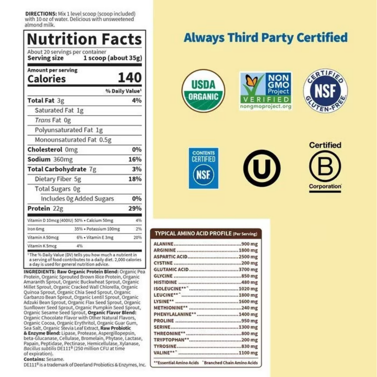 A flat label-style graphic showing a nutrition facts panel for a scoop of protein powder, alongside certification logos including USDA Organic, Non-GMO Project Verified, NSF Certified, and B Corp, plus an amino acid profile table on a pale beige background.