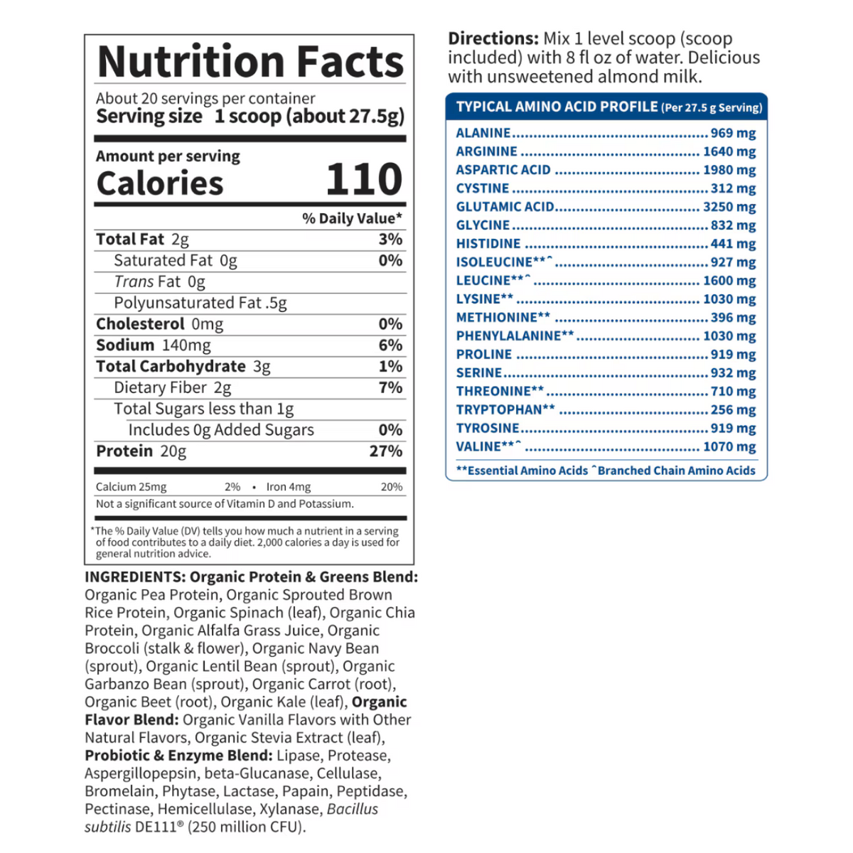 Front and back views of a protein powder nutrition facts label and directions card, showing serving size, calories, nutrients, ingredients, and an amino acid profile table on a white background.