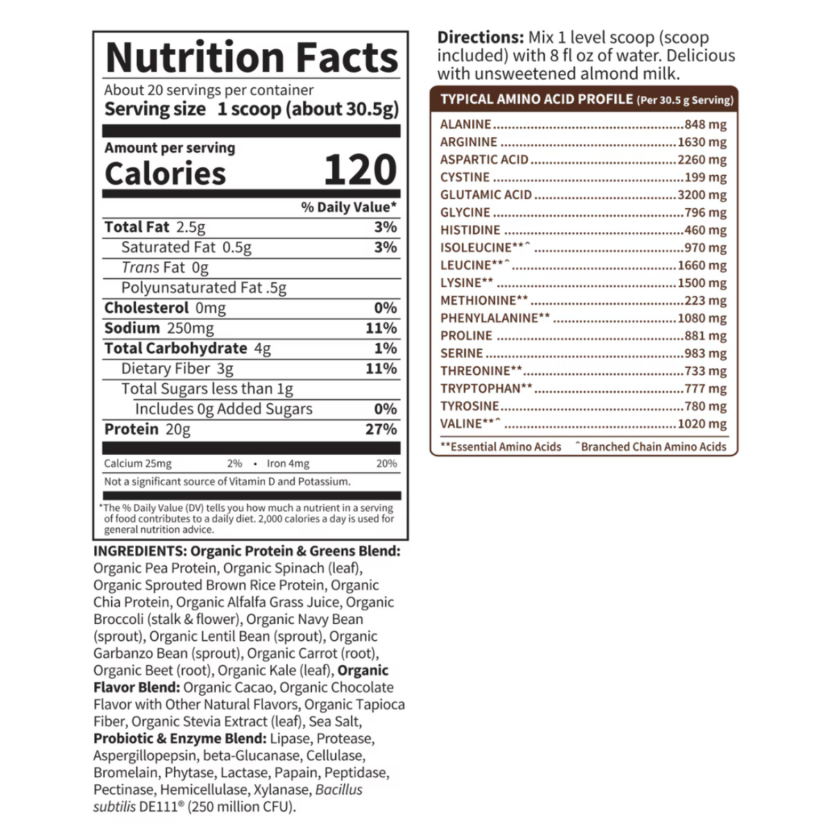 A Nutrition Facts label for Organic Protein & Green Blend protein powder, showing serving size, calories, nutrients, ingredients, and directions on a white background.