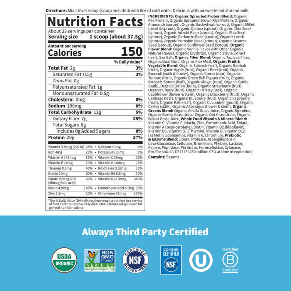 A Nutrition Facts label for a protein powder blend, showing serving size, calories, fat, protein, and ingredient details. The label is white with black text, with a blue footer containing certification logos including USDA Organic, Non-GMO, NSF Certified, and a U logo.