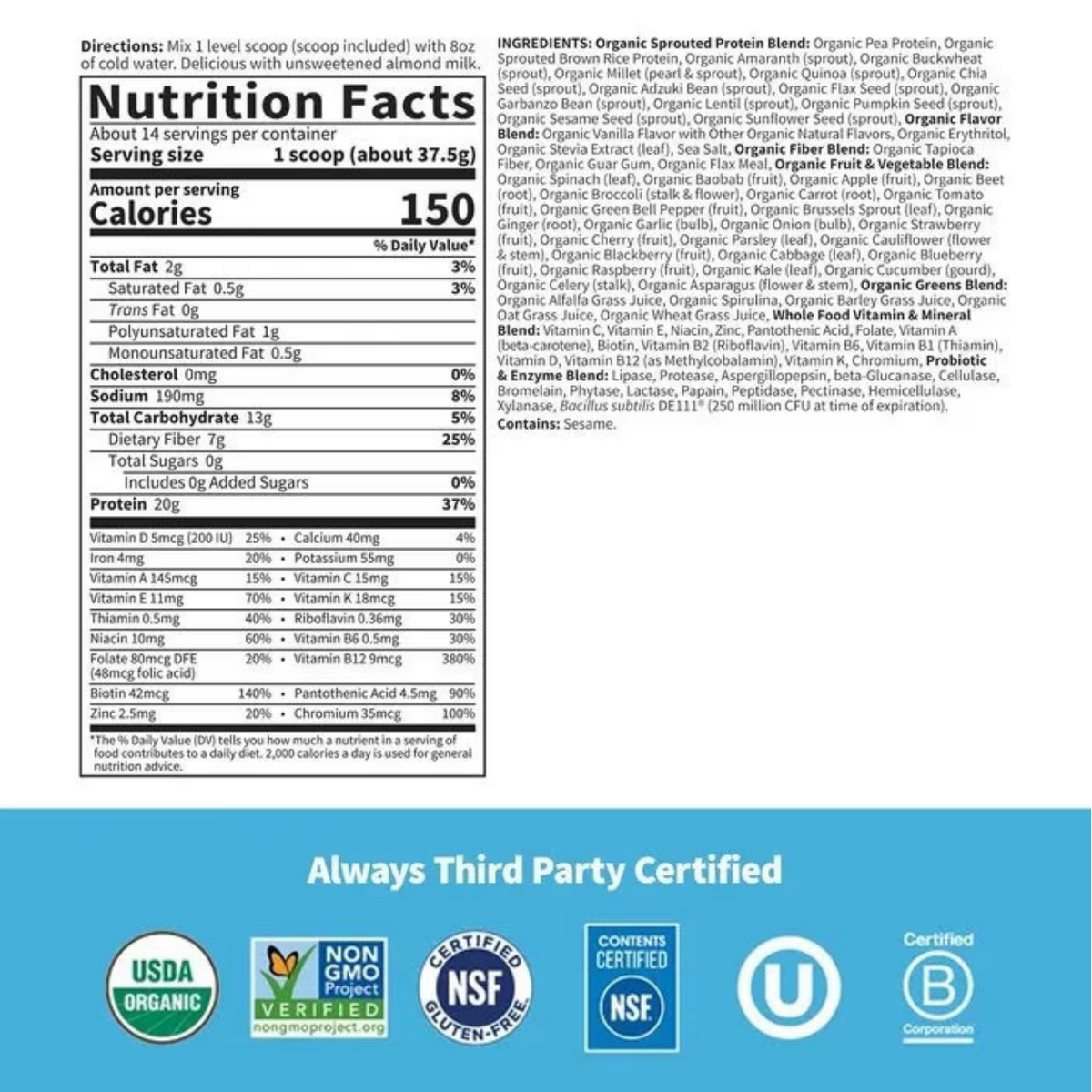 Front and back views of a protein powder bag showing the nutrition facts label and ingredients list, with a blue band at the bottom featuring certification logos including USDA Organic, NSF, and others.