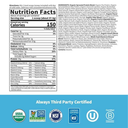 Front and back views of a protein powder bag showing the nutrition facts label and ingredients list, with a blue band at the bottom featuring certification logos including USDA Organic, NSF, and others.