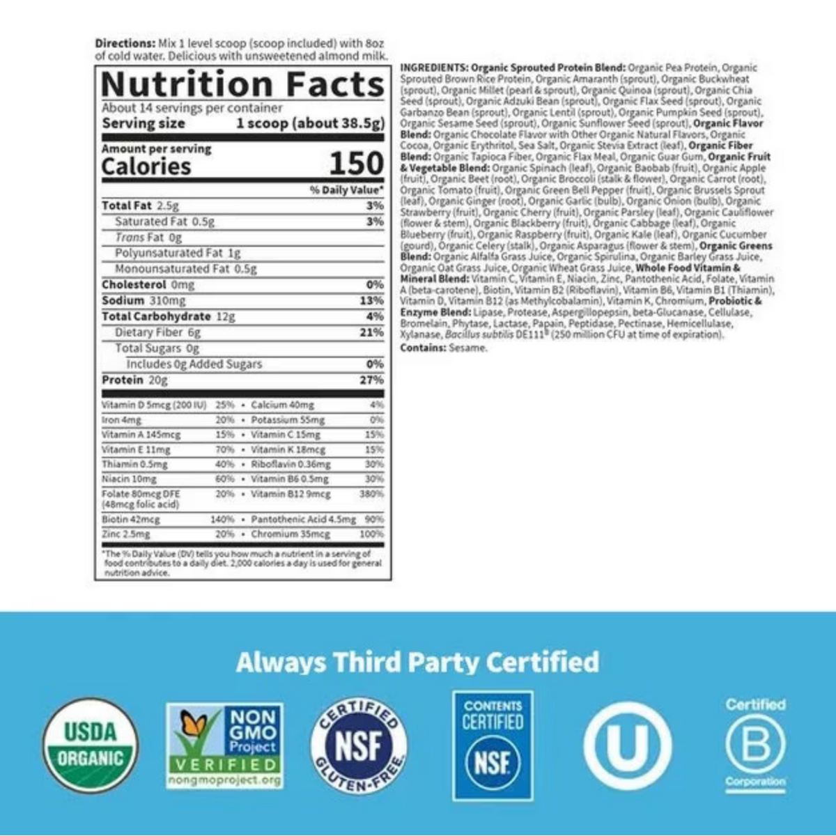 Nutrition facts label and certification logos on a white background