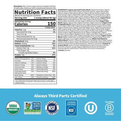 Nutrition facts label and certification logos on a white background