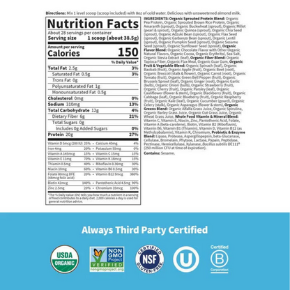 Front and back views of a De'Longhi Organic Spouted Protein Blend coffee capsule bag, showing the detailed nutrition facts label and certification logos on a blue background.