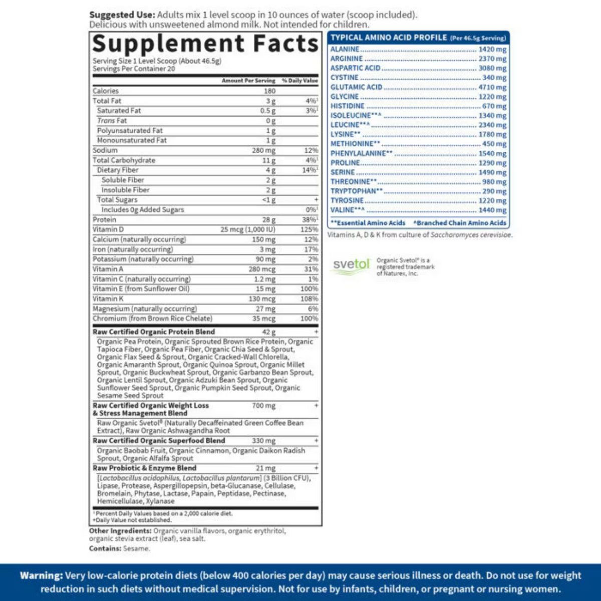 Supplement facts label with detailed nutritional information on a white background