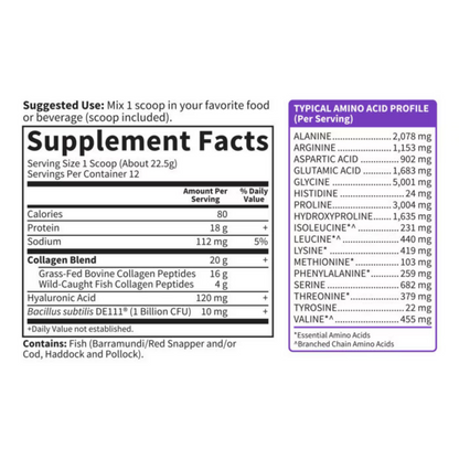 A supplement facts label for a collagen powder product, showing a Supplement Facts panel with serving size, calories, protein, sodium, and collagen blend details, alongside a purple table listing typical amino acid profile values.