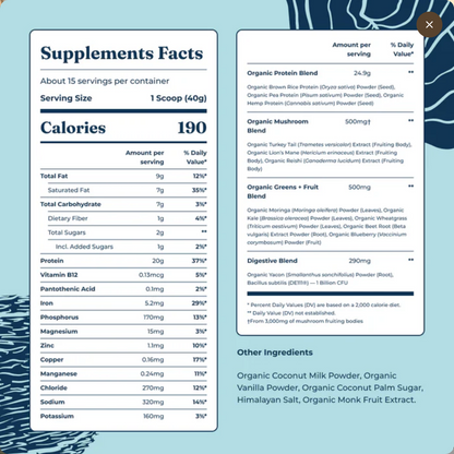 Two supplement facts panels with ingredient and nutrition information on a light gray background. The left panel is partially obscured by a large semi-transparent blue rectangle, but the right panel is visible and shows ingredients such as organic brown rice protein, organic mushroom blend, organic greens and fruit blend, and organic vitamin blend.