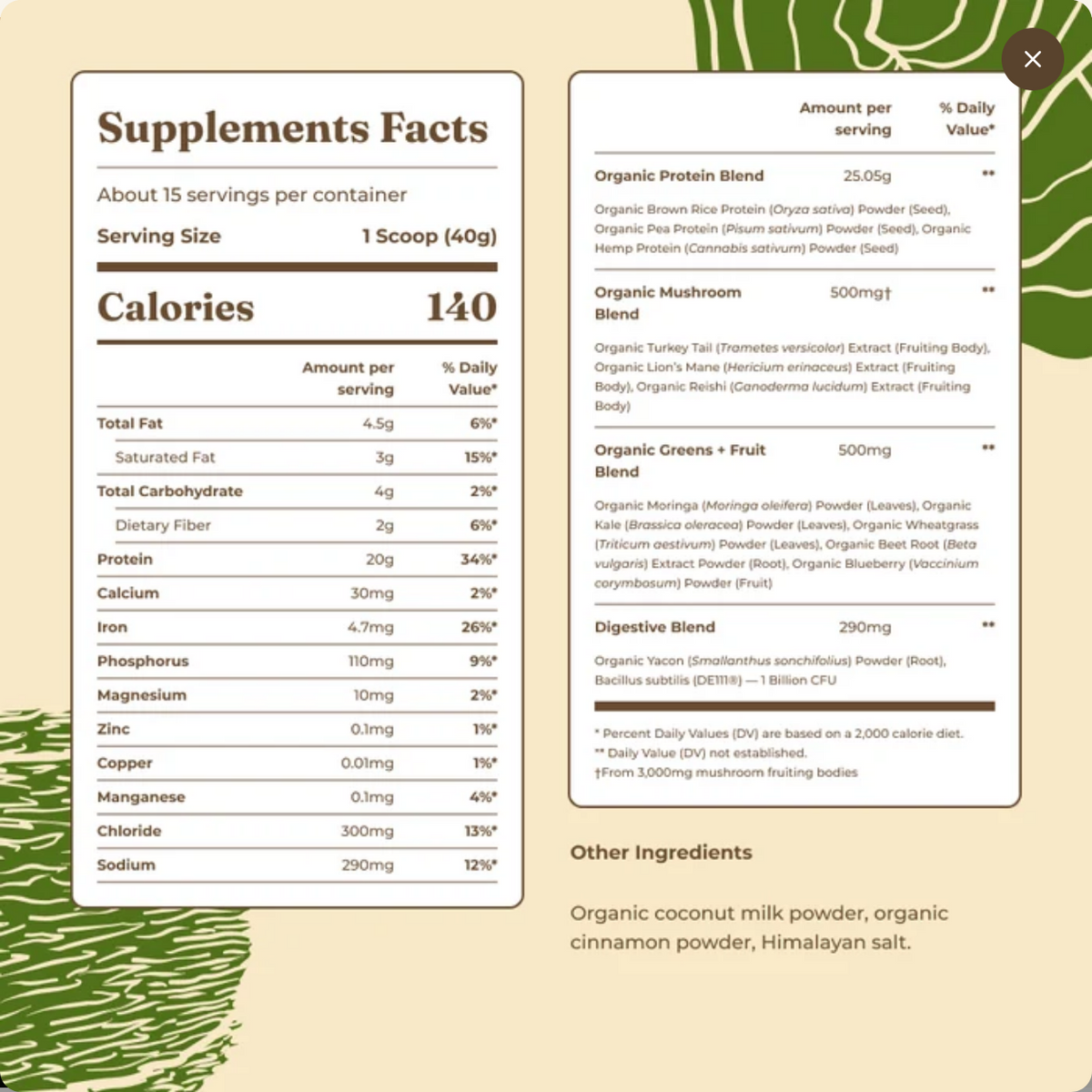 A close-up of a supplement facts panel with serving size, calories, and ingredient information for a mushroom blend, set against a green patterned background.