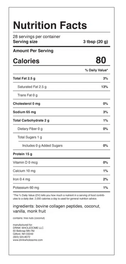 A Nutrition Facts label for a vanilla protein powder serving size of 3 tbsp (52 g), showing 80 calories and macronutrient breakdowns on a white background.
