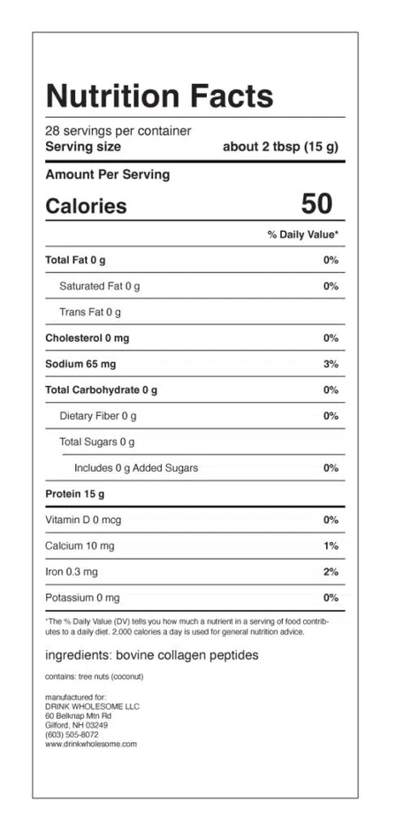 A Nutrition Facts label for bovine collagen peptides, showing serving size, calories, and daily value information on a white background.
