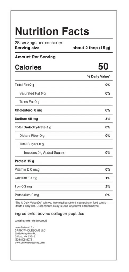 A Nutrition Facts label for bovine collagen peptides, showing serving size, calories, and daily value information on a white background.