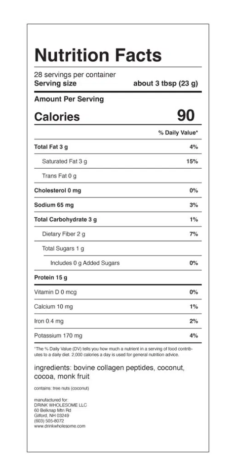 A Nutrition Facts label for a bovine collagen peptides, coconut, cocoa, and monk fruit snack mix, showing 90 calories per serving and ingredient list at the bottom.