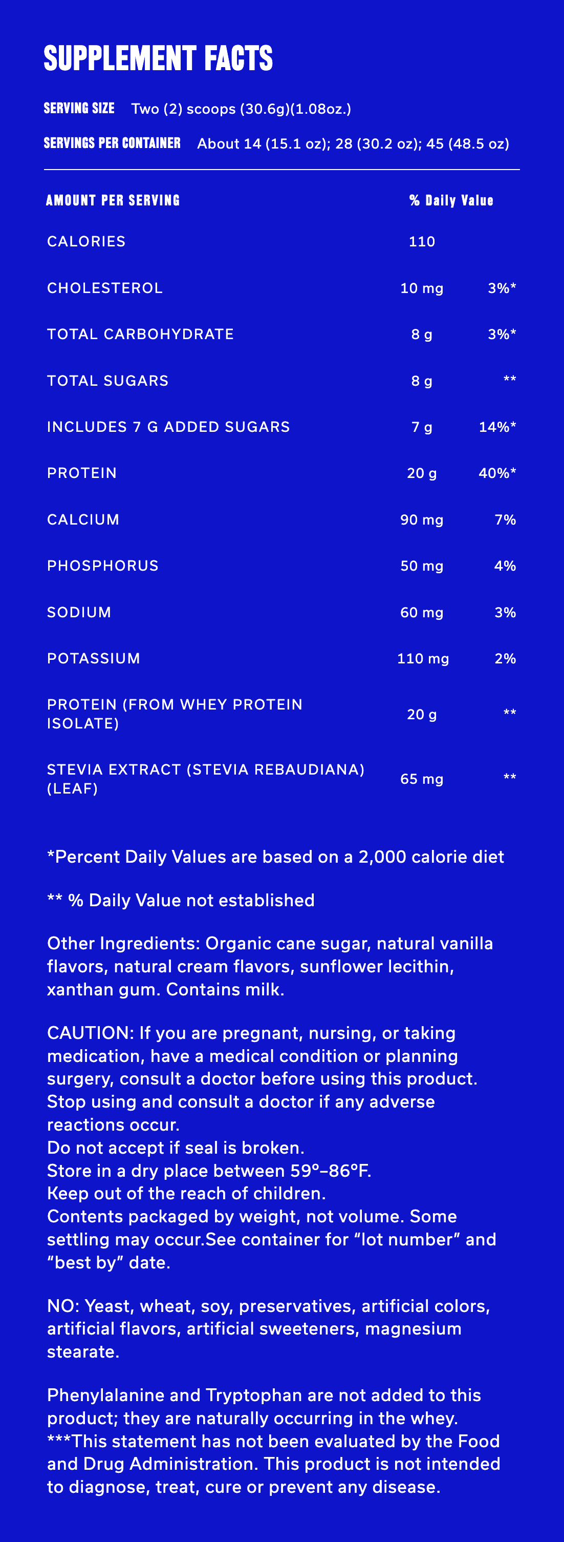 A blue and white supplement facts label for 'Supplement Facts' showing nutritional information and ingredients for a dietary supplement.