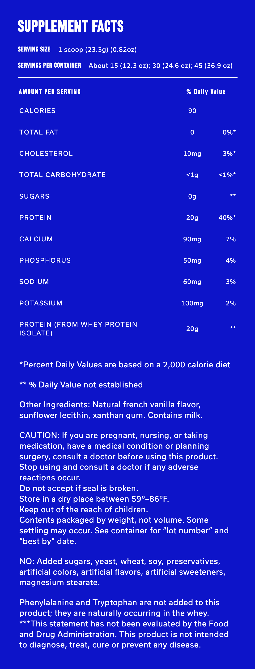 A digital graphic displaying the 'Supplement Facts' panel from a protein powder package, detailing nutritional values and ingredients in a clean, blue-and-white layout.