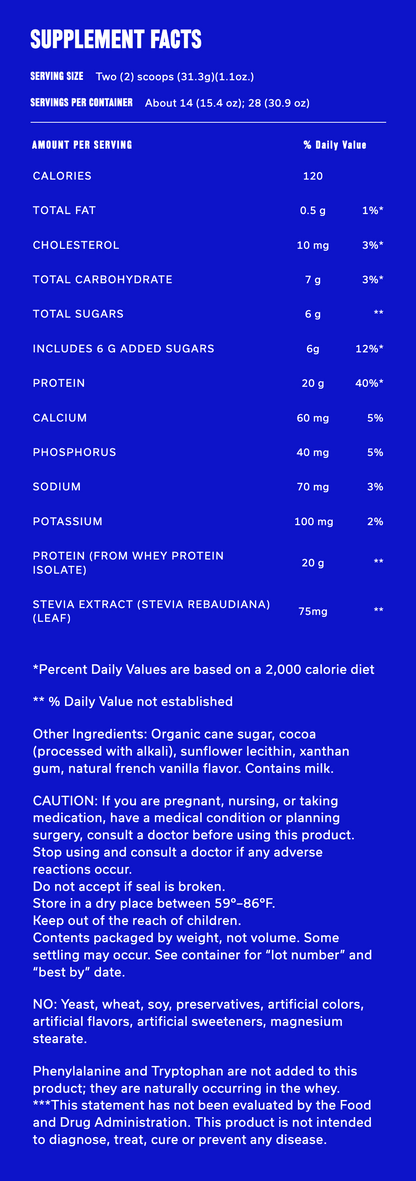 A close-up of a supplement facts label on a white background, showing a blue header with white text and a large table of nutritional information including calories, fat, cholesterol, carbohydrates, sugars, protein, calcium, phosphorus, sodium, and potassium.