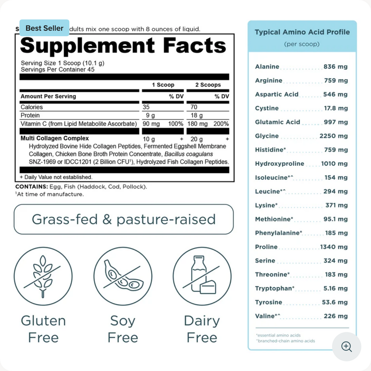A supplement facts label for a multi collagen complex powder, shown alongside an amino acid profile table and three icons indicating gluten free, soy free, and dairy free. The label features a white background with black text and green accents.