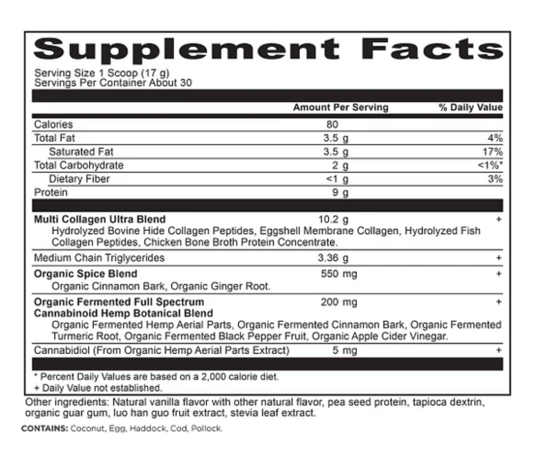 A supplement facts label showing a multi-ingredient blend with ingredients listed under 'Multi Collagen Ultra Blend' including hemp, cinnamon, turmeric, and CBD, on a white background.