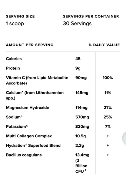 A nutrition facts label-style table showing serving size, servings per container, calories, protein, vitamin C, calcium, magnesium hydroxide, sodium, potassium, a multi collagen complex, hydration+ superfood blend, and bacillus coagulans with daily value percentages.