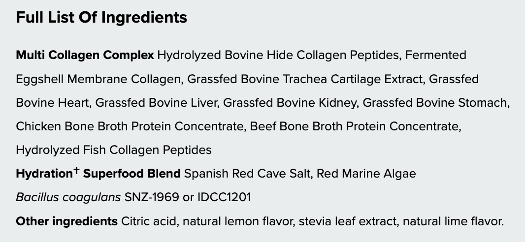 A text-based ingredients list on a light gray background, detailing the components of a multi collagen complex and hydration superfood blend.