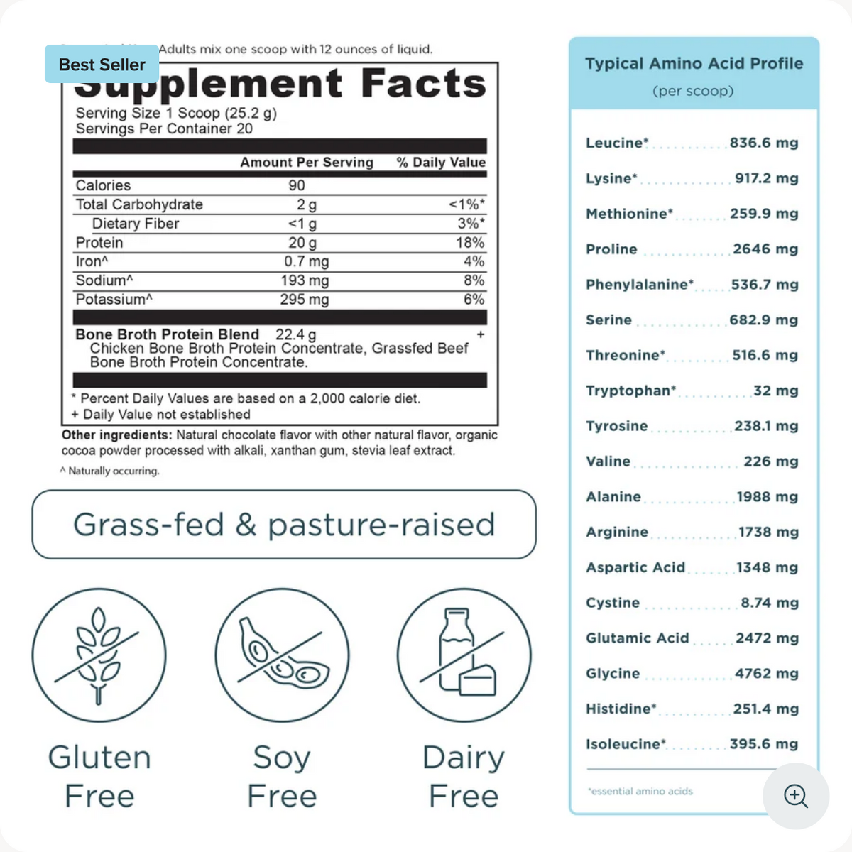 A supplement facts label for Bone Broth Protein Blend with a serving size of 1 scoop (25.2 g) and a list of typical amino acid profile nutrients.