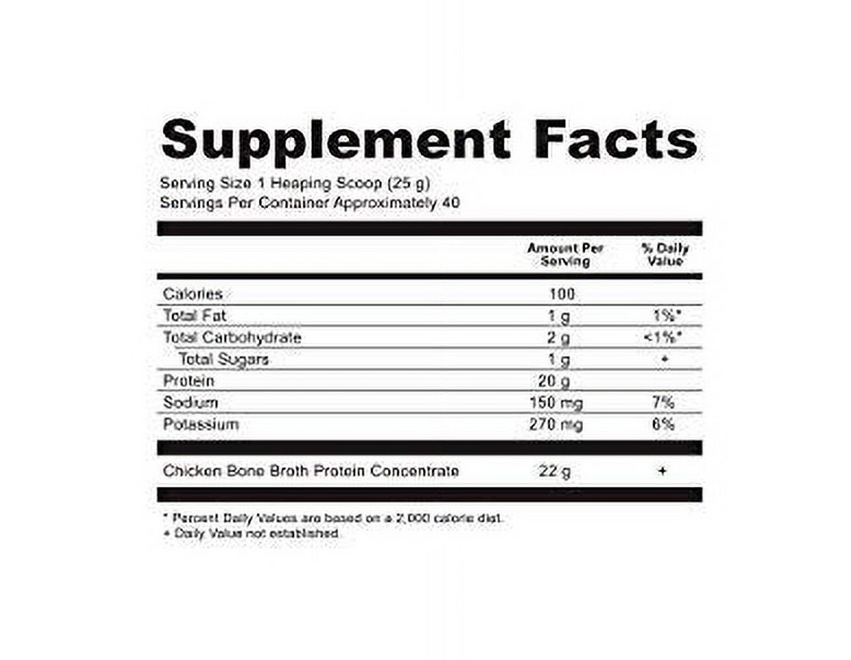 A black and white Supplement Facts label showing nutritional information for Chicken Bone Broth Protein Concentrate, including calories, total fat, carbohydrates, sugars, protein, sodium, and potassium.