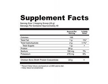 A black and white Supplement Facts label showing nutritional information for Chicken Bone Broth Protein Concentrate, including calories, total fat, carbohydrates, sugars, protein, sodium, and potassium.
