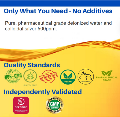 Promotional graphic for deionized water and colloidal silver, with text stating 'Only What You Need - No Additives' and 'Pure, pharmaceutical grade deionized water and colloidal silver 250ppm.' The design features a yellow and white background with a gold liquid wave, various certification and quality icons, and UL Certified and GMP Certified logos at the bottom.