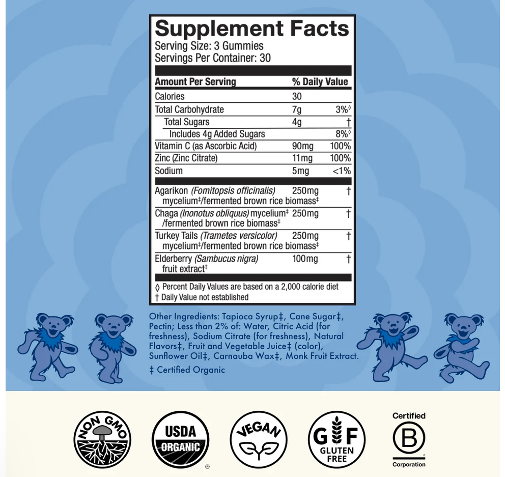 Back of a gummy package showing a Supplement Facts panel centered on a light blue background, with small illustrated bears around the text and certification logos at the bottom.