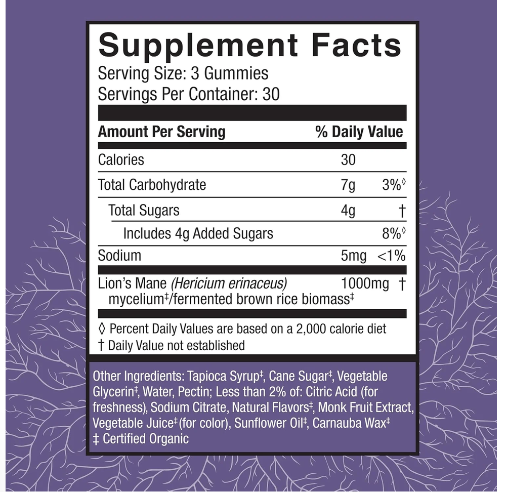 A supplement facts label for Lion's Mane gummies, showing a detailed nutrition table with serving size of 3 gummies and 30 servings per container, set against a dark purple background with white botanical line art.