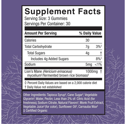 A supplement facts label for Lion's Mane gummies, showing a detailed nutrition table with serving size of 3 gummies and 30 servings per container, set against a dark purple background with white botanical line art.