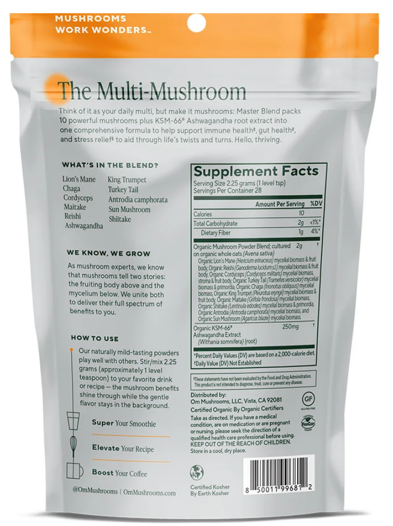 Back of a single-serve mushroom powder pouch showing product details, blend ingredients, usage tips, supplement facts, and a barcode on a white background.