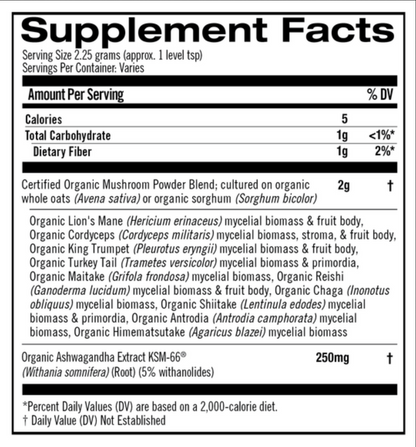 A supplement facts label showing a supplement powder blend. The label lists serving size of 2.