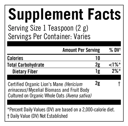 A black and white Supplement Facts label showing product details for Certified Organic Lion's Mane Mycelium Biomass and Fruit Body on organic whole oats.