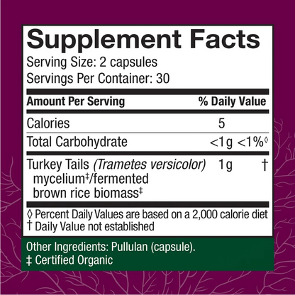 A supplement facts label reading 'Turkey Tails (Trametes versicolor)' with serving size 2 capsules, on a dark purple background with subtle branch-like line art.