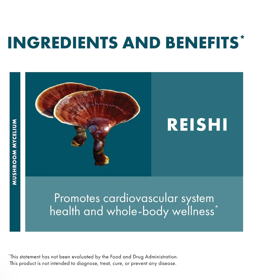 A teal and white informational panel titled 'INGREDIENTS AND BENEFITS' featuring a mushroom photo labeled 'REISHI' and 'MUSHROOM MYCELIUM.' Text states it promotes cardiovascular system health and whole-body wellness, with a disclaimer below.