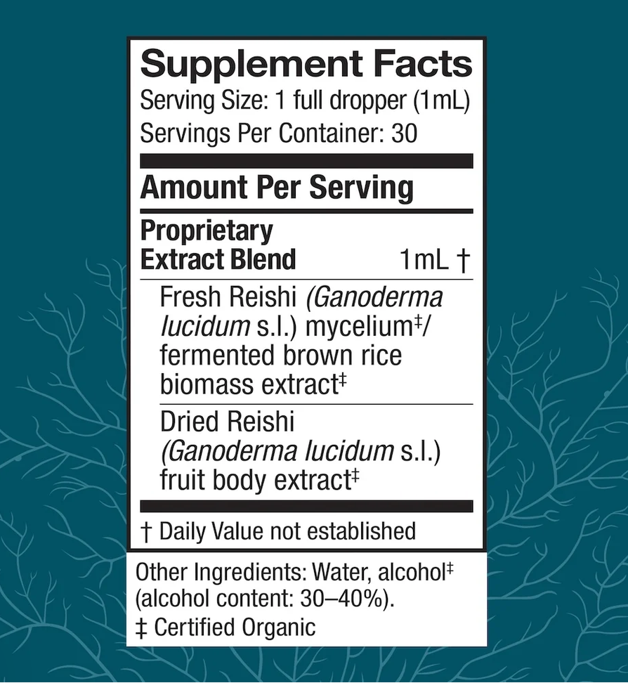 A supplement facts label styled like a nutrition panel with text about Reishi extract blend, shown on a dark teal background with faint botanical line art.