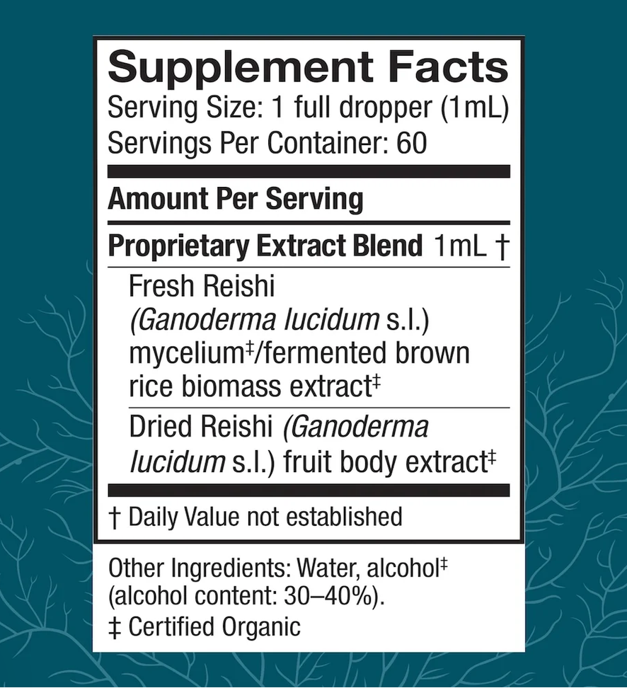 A supplement facts label with a white background and black text, detailing a Fresh Reishi and Dried Reishi extract blend. The label is set against a dark teal background with subtle white branch patterns.