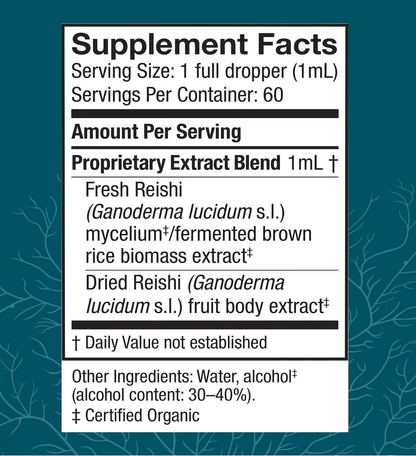 A supplement facts label with a white background and black text, detailing a Fresh Reishi and Dried Reishi extract blend. The label is set against a dark teal background with subtle white branch patterns.