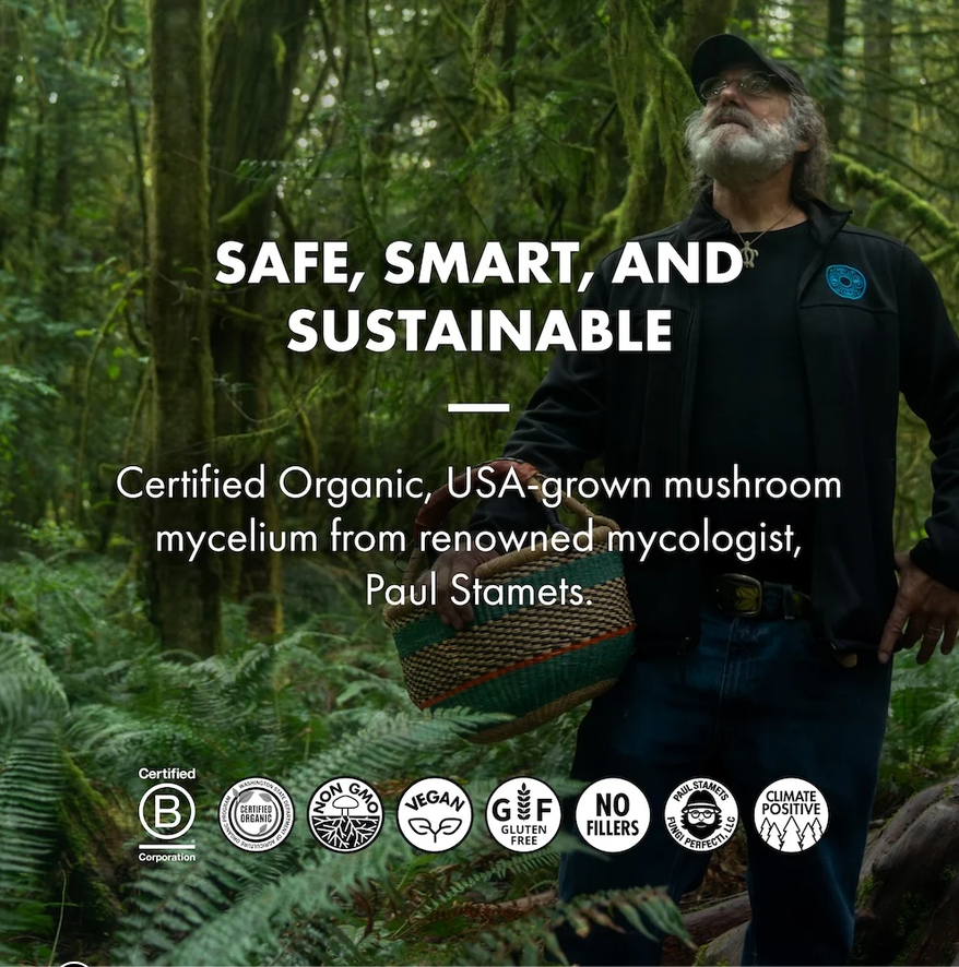 A man in a forested outdoor setting wearing a black cap, black shirt, and blue jeans, holding a woven basket. Large white text reads 'SAFE, SMART, AND SUSTAINABLE' with additional text about certified organic mushroom mycelium from Paul Stamets.