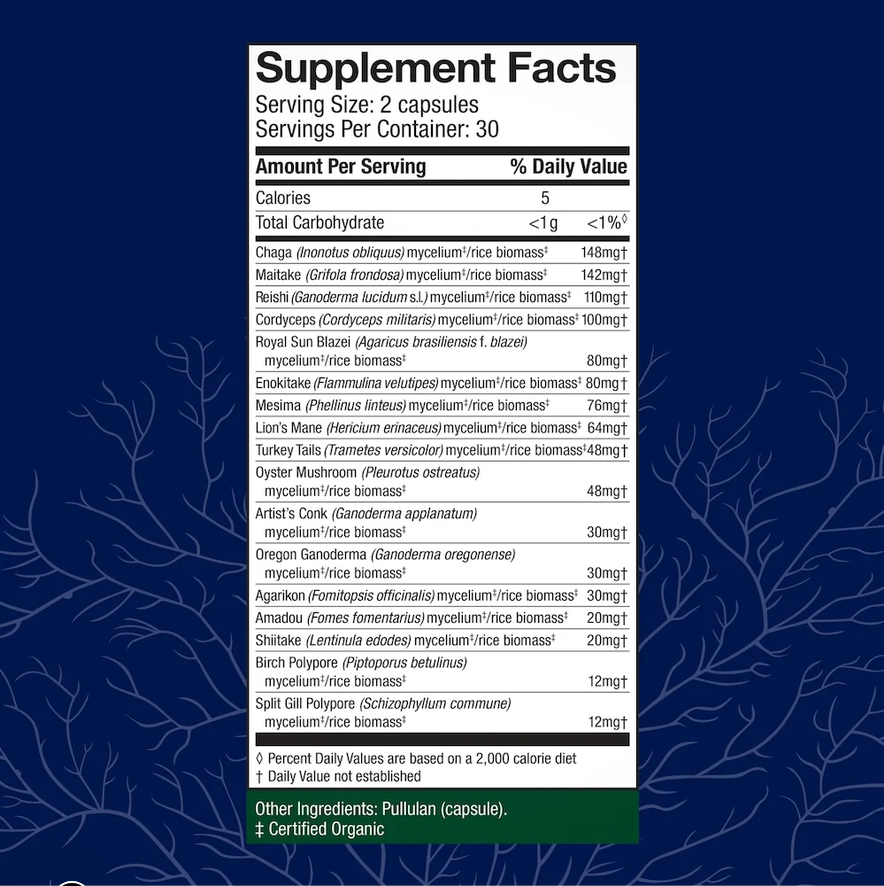 A supplement facts label for a rice biomass powder product, showing a white rectangular panel with black text on a dark blue background with light blue botanical line art.