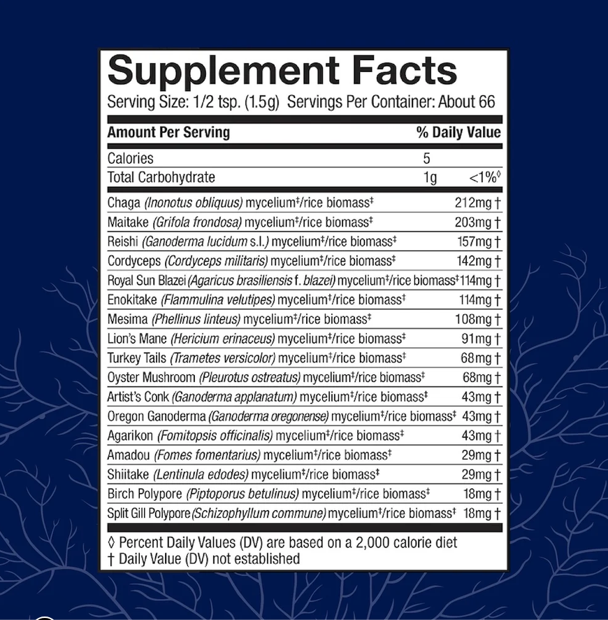 A close-up of a supplement facts label showing a serving size of 1/2 tsp (1.5g) with a list of ingredients and daily value information on a white background with a dark blue border.