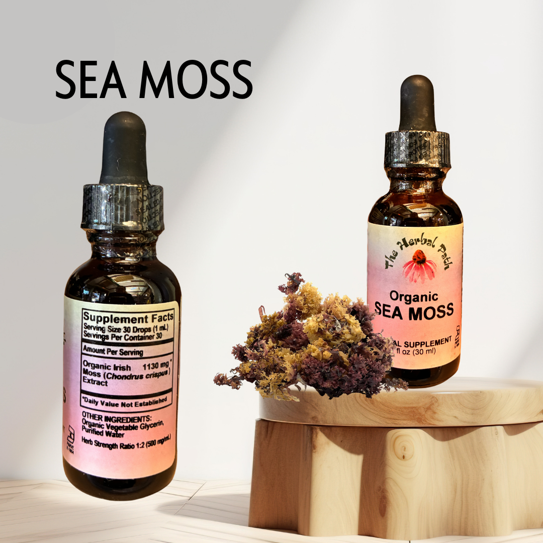 Two bottles of Organic Sea Moss on a wooden stand with a white background